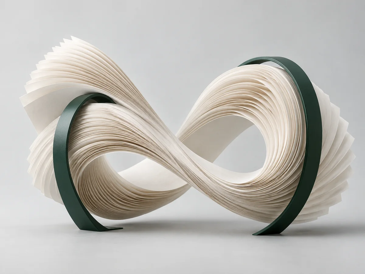 Layered manuscript pages arranged in a flowing loop between green arches